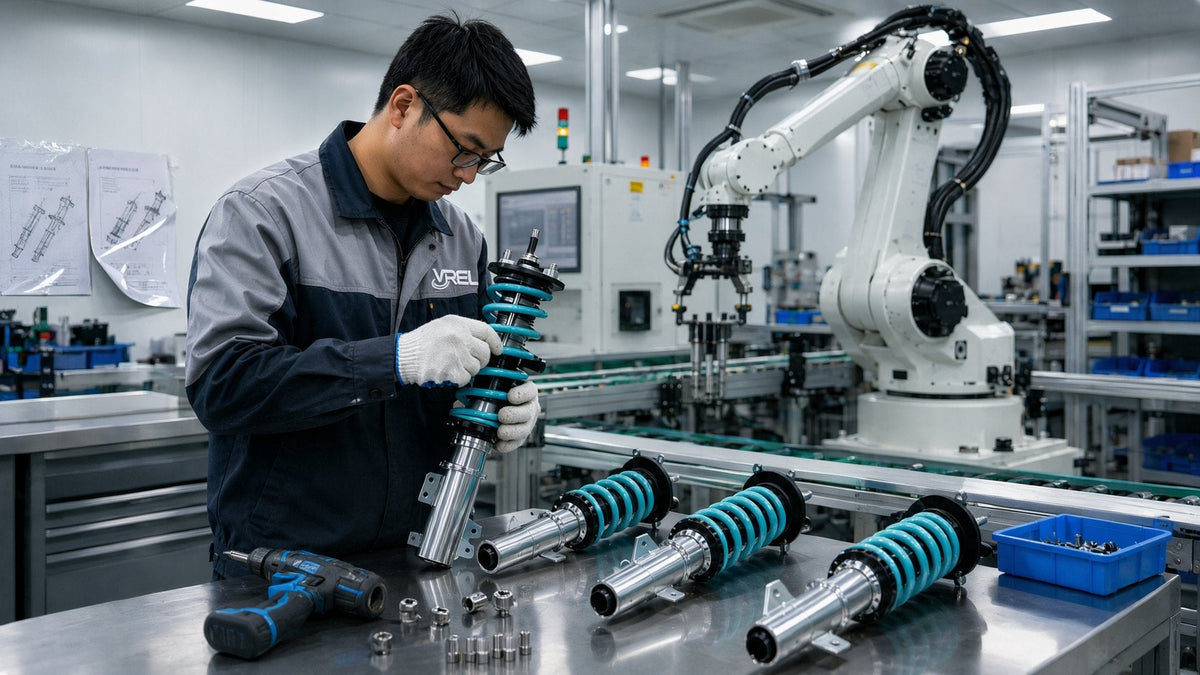 VREL technician hand-assembling a coilover with a turquoise spring on the production line beside a robotic arm