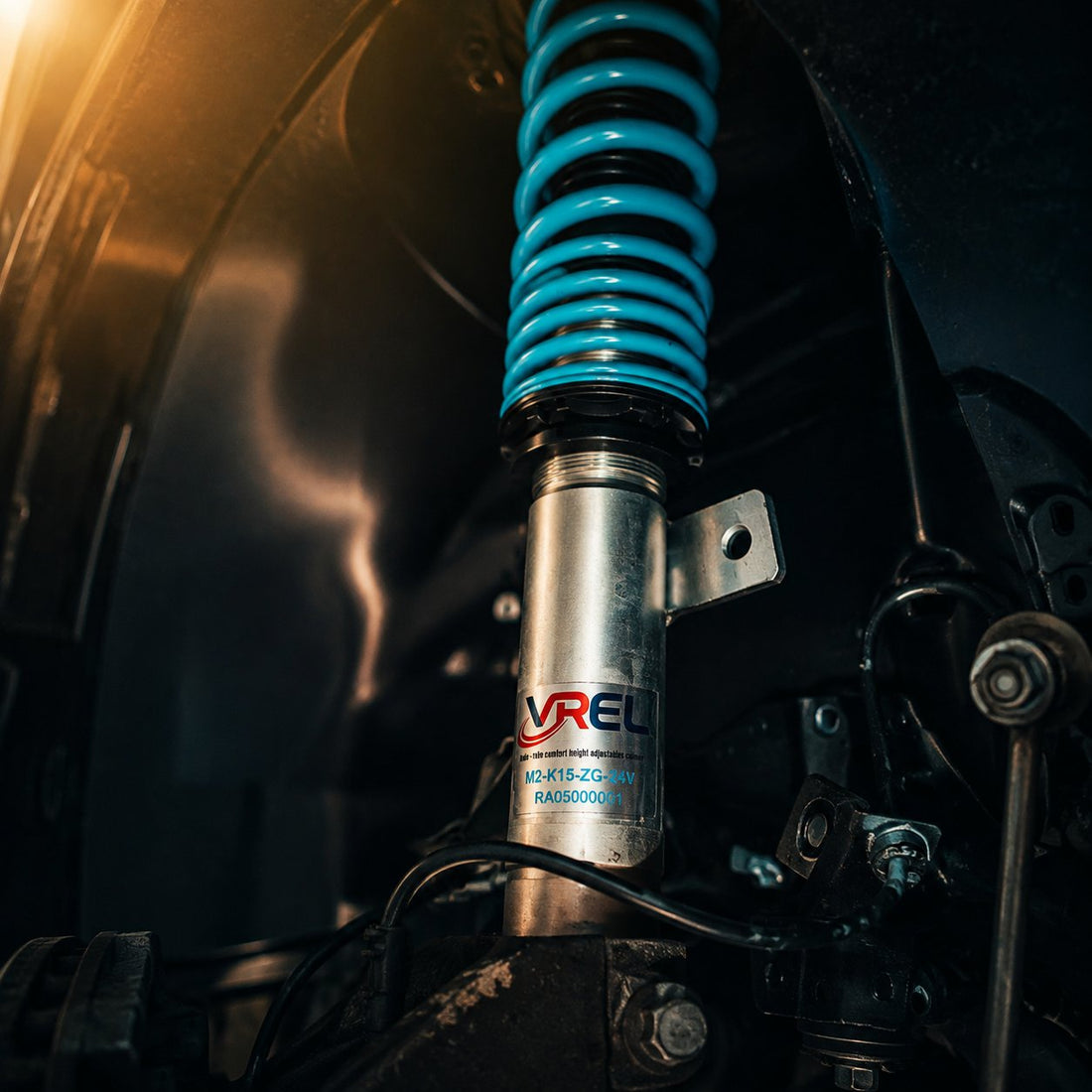 VREL coilover close-up in Ford Focus wheel arch for About Us community section