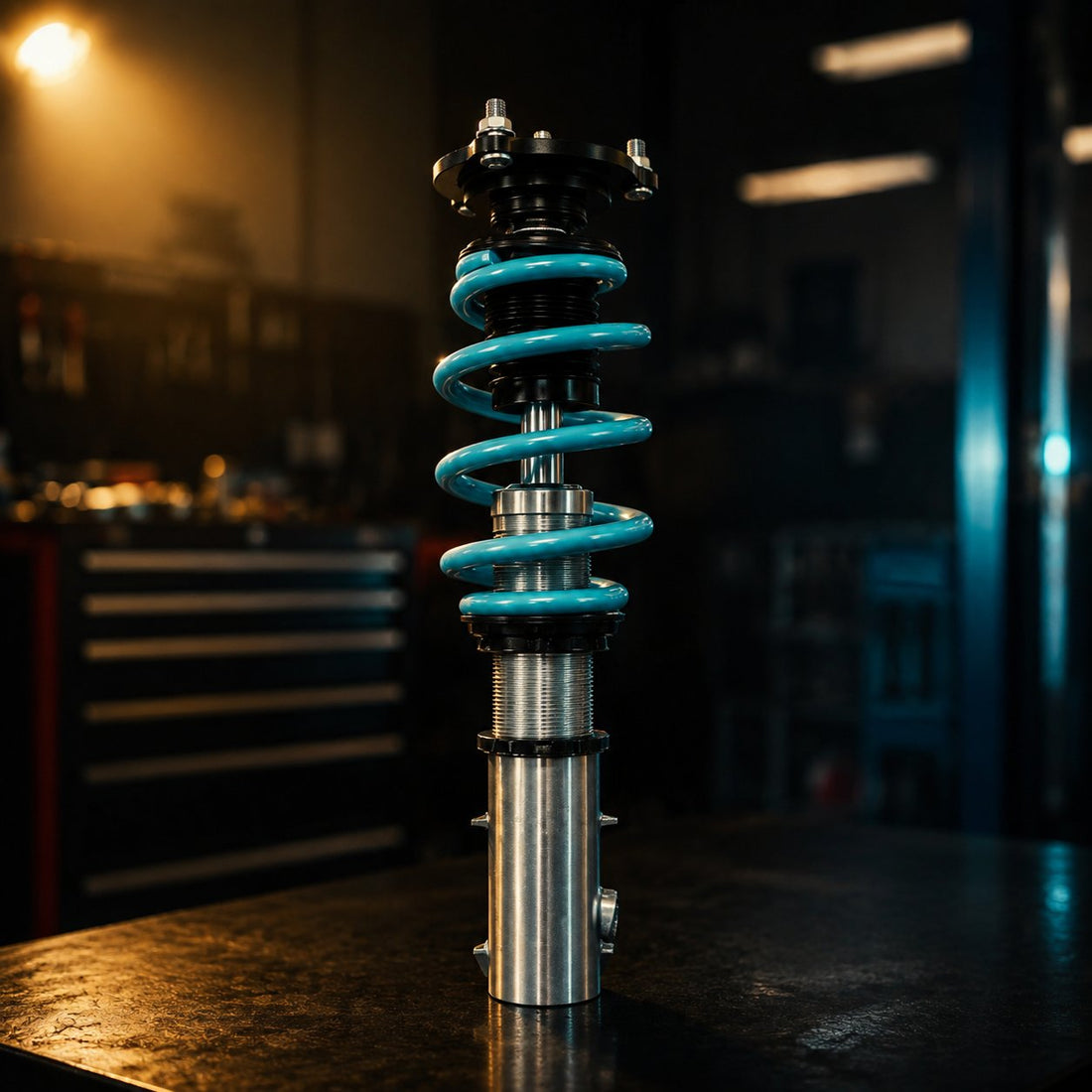 VREL coilover damper on workshop bench for About Us community section