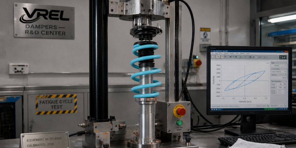 VREL coilover damping test rig in R&D laboratory wide view